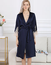 Women V Neck Lace Silk Silk Robe and Nightgown Set